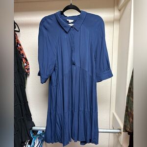 Indigo Point Collar 3/4 Cuffed Sleeve Button Front Mini Shirt Dress